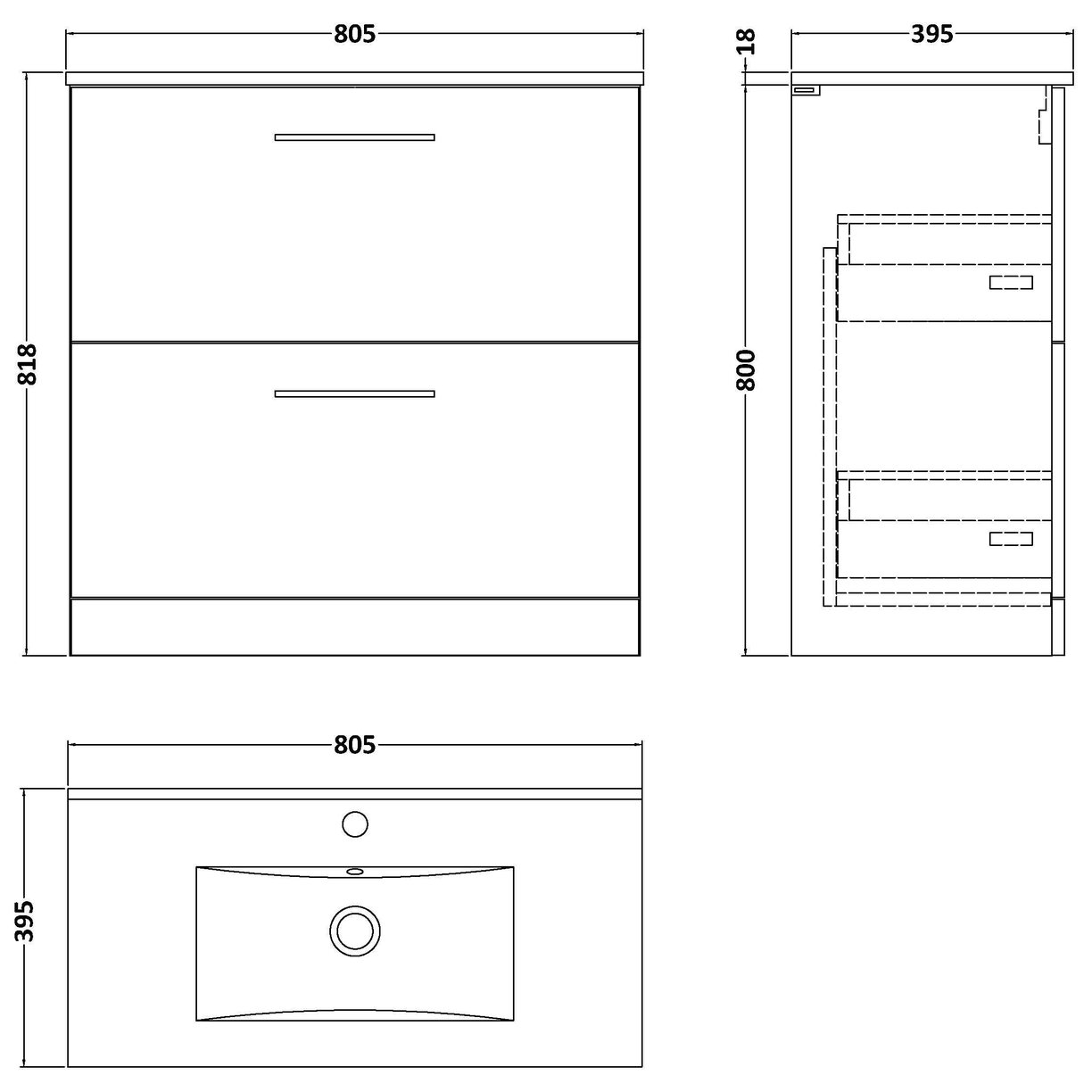 800mm FS 2-Drawer Vanity & Basin 2 - Anthracite Woodgrain