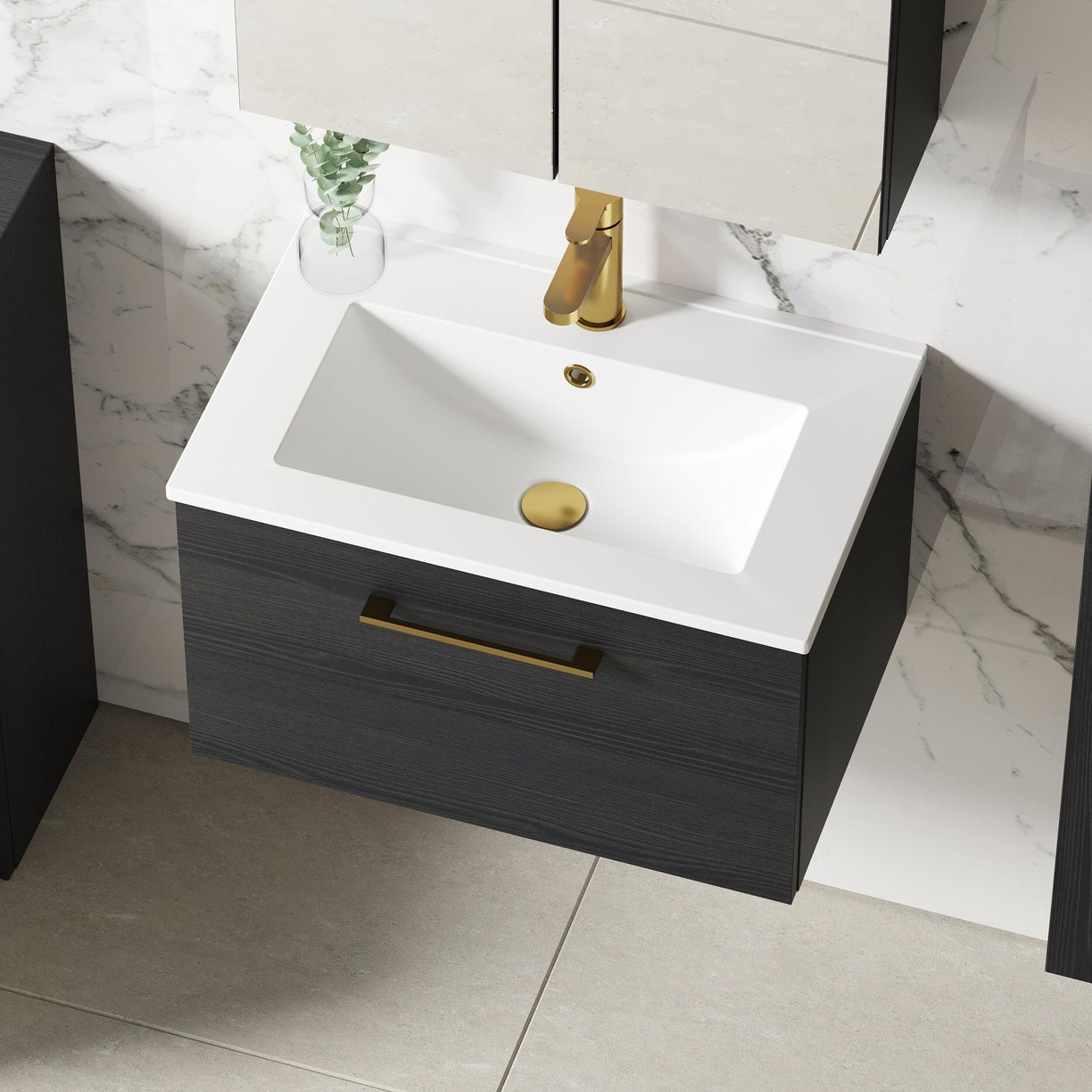 600mm WH 1-Drawer Vanity & Basin 2 - Charcoal Black