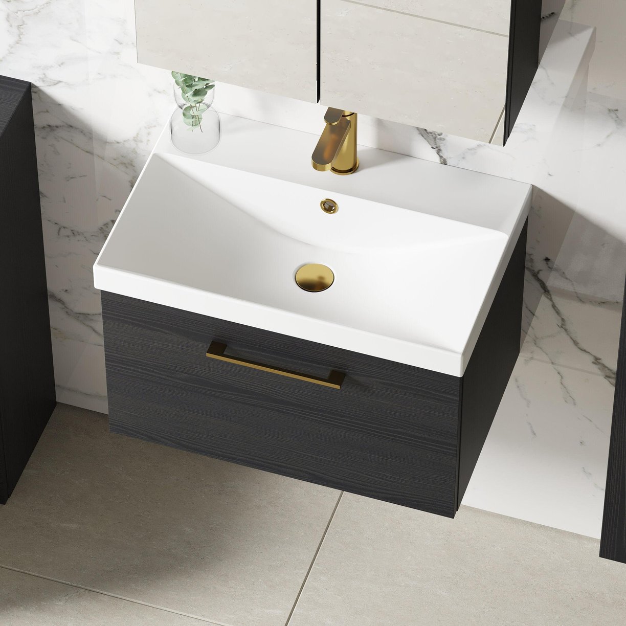 600mm WH 1-Drawer Vanity & Basin 3 - Charcoal Black