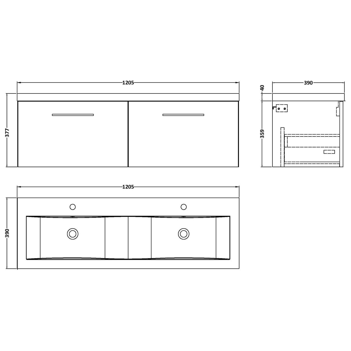 1200mm WH 2-Drawer Vanity & Double Basin - Charcoal Black