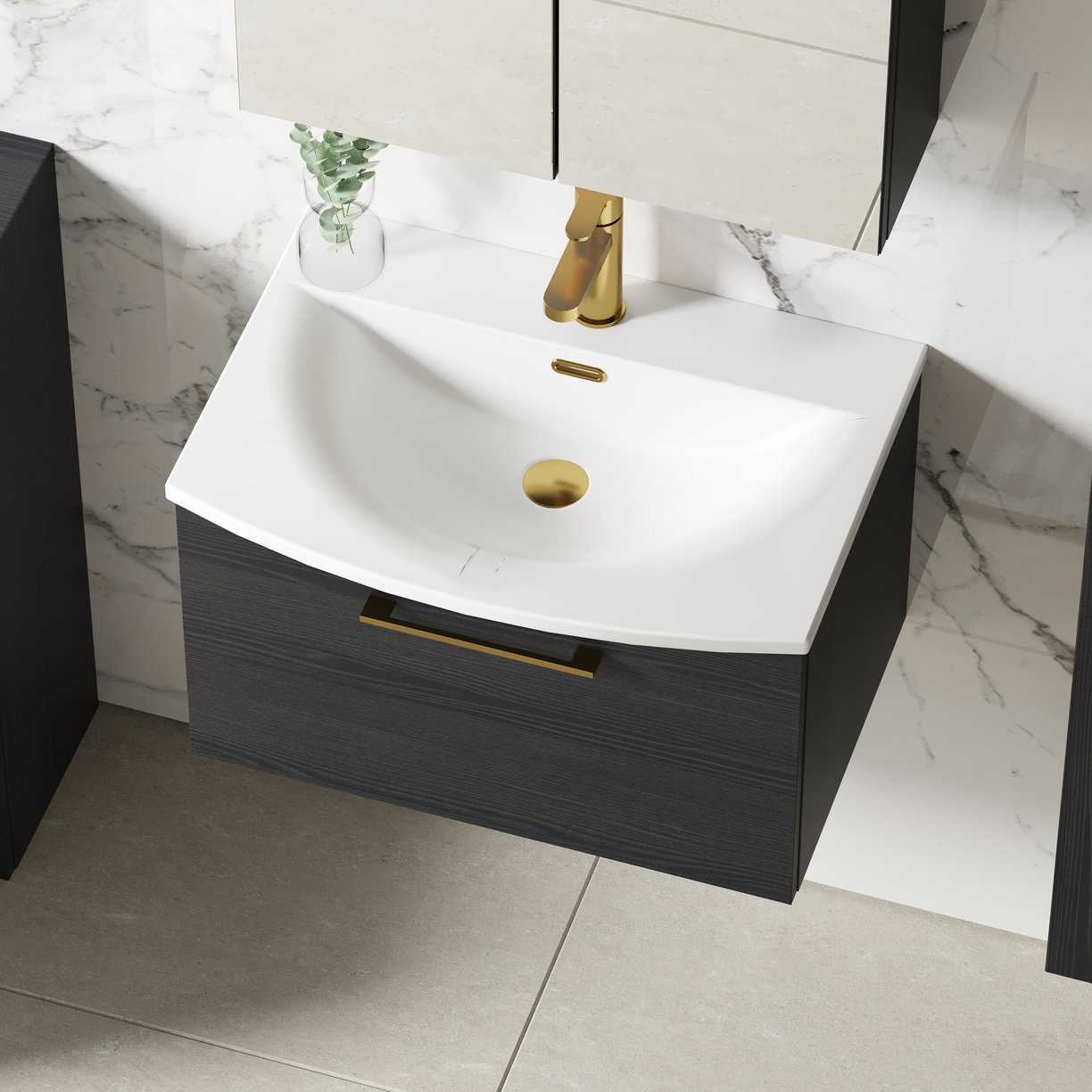 600mm WH 1-Drawer Vanity & Basin 4 - Charcoal Black