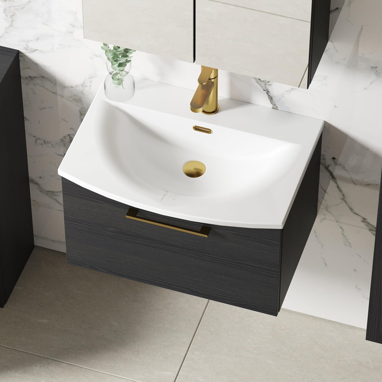 600mm WH 1-Drawer Vanity & Basin 4 - Charcoal Black