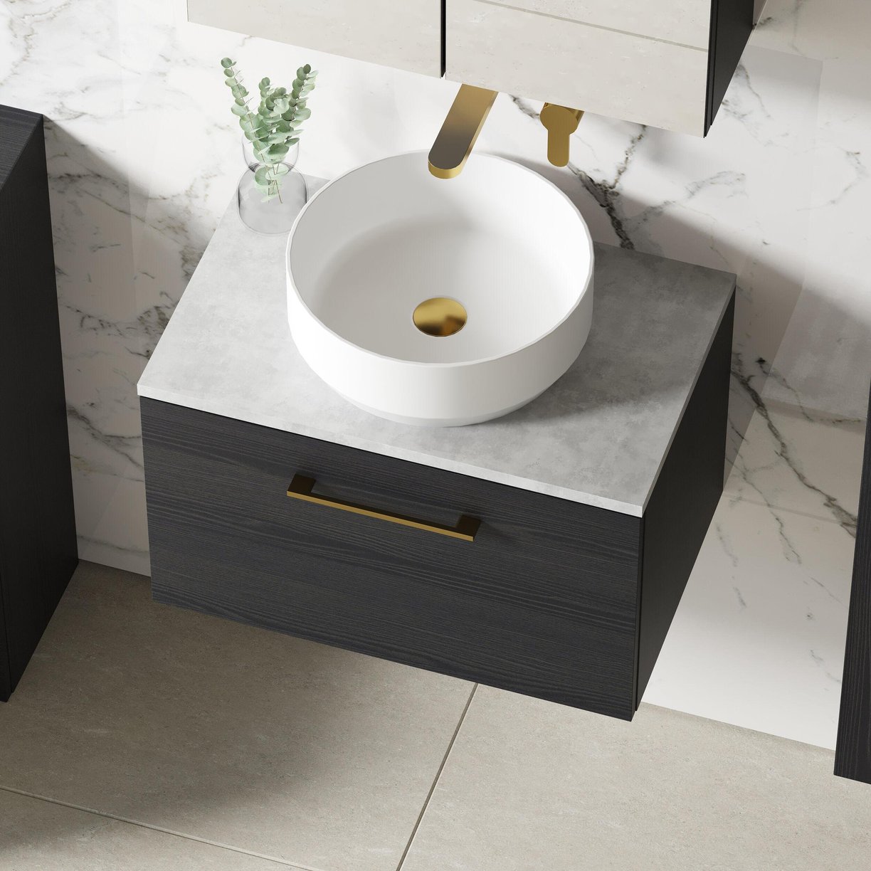 600mm WH 1-Drawer Vanity & Laminate Top - Charcoal Black