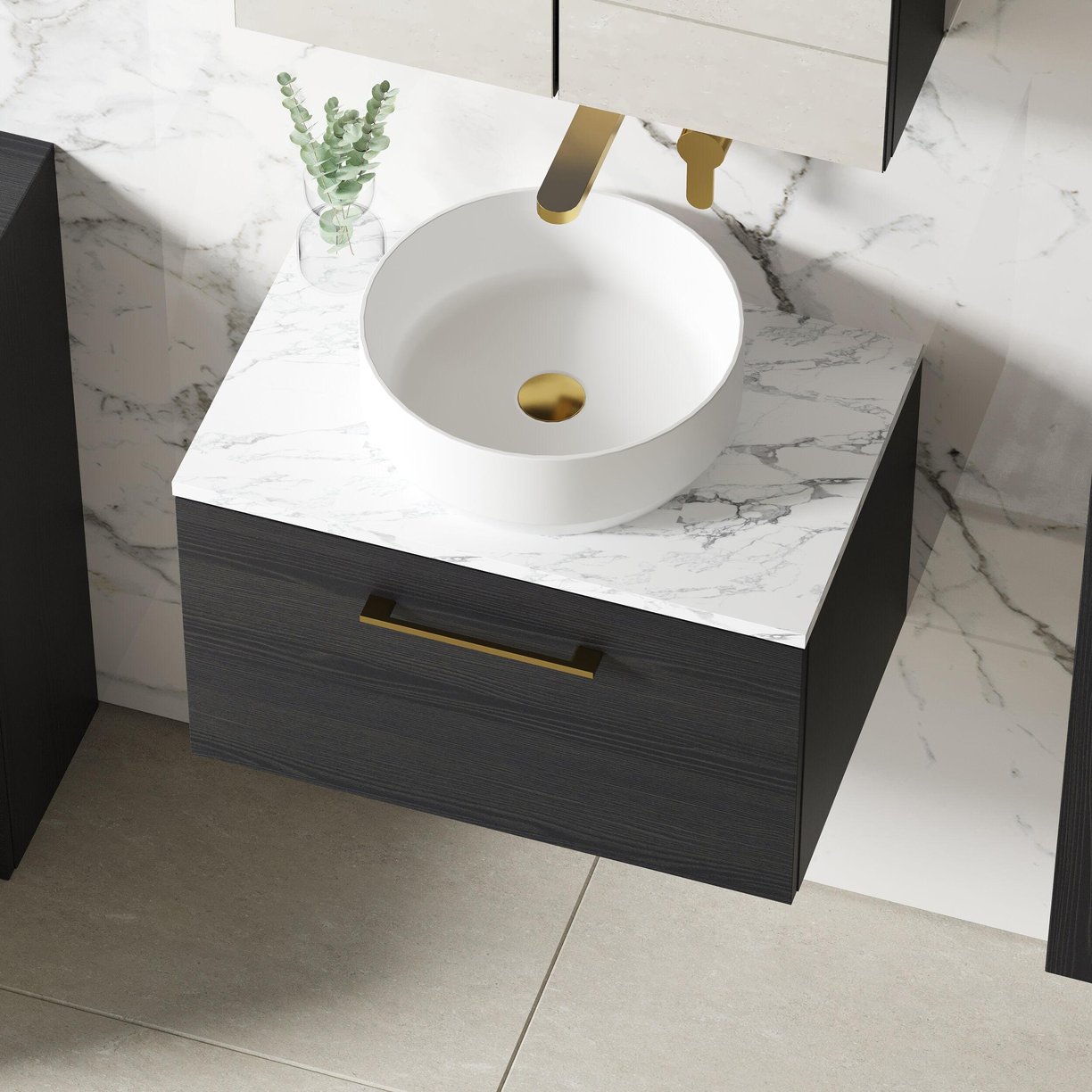 600mm Wh 1-Drawer Vanity & Laminate Top - Black Woodgrain