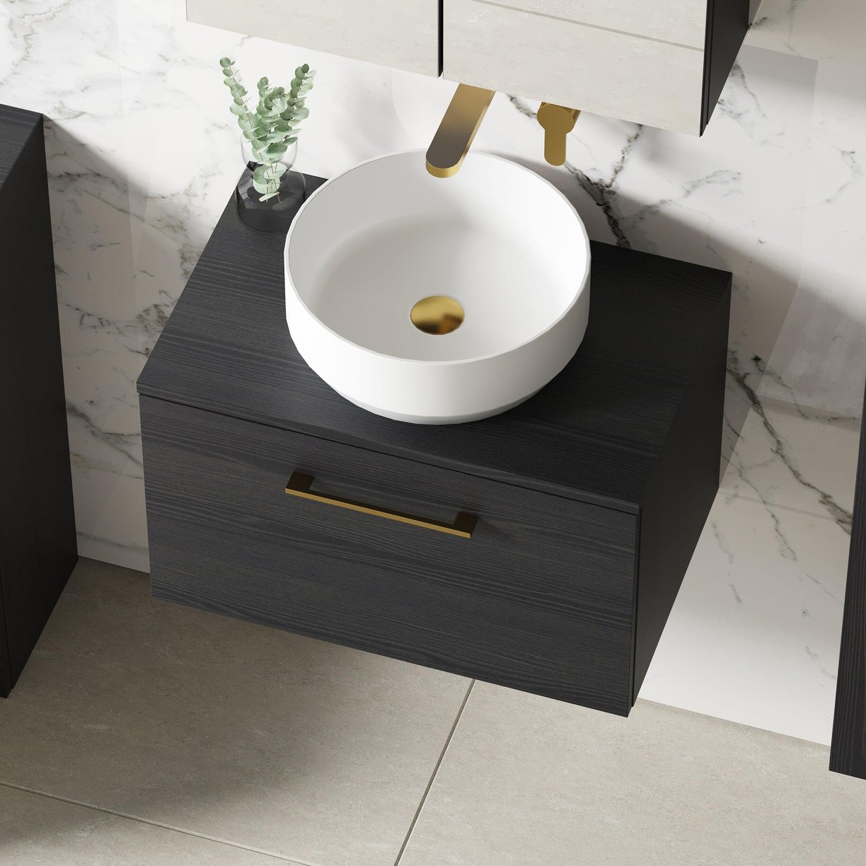 600mm WH 1-Drawer Vanity & Worktop - Charcoal Black