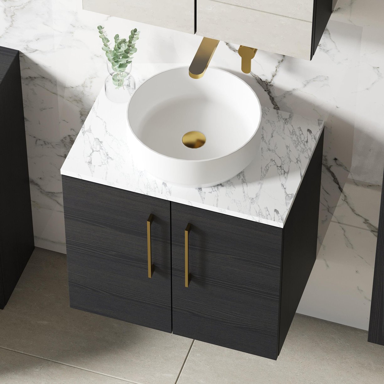 600mm Wh 2-Door Vanity & Laminate Top - Black Woodgrain