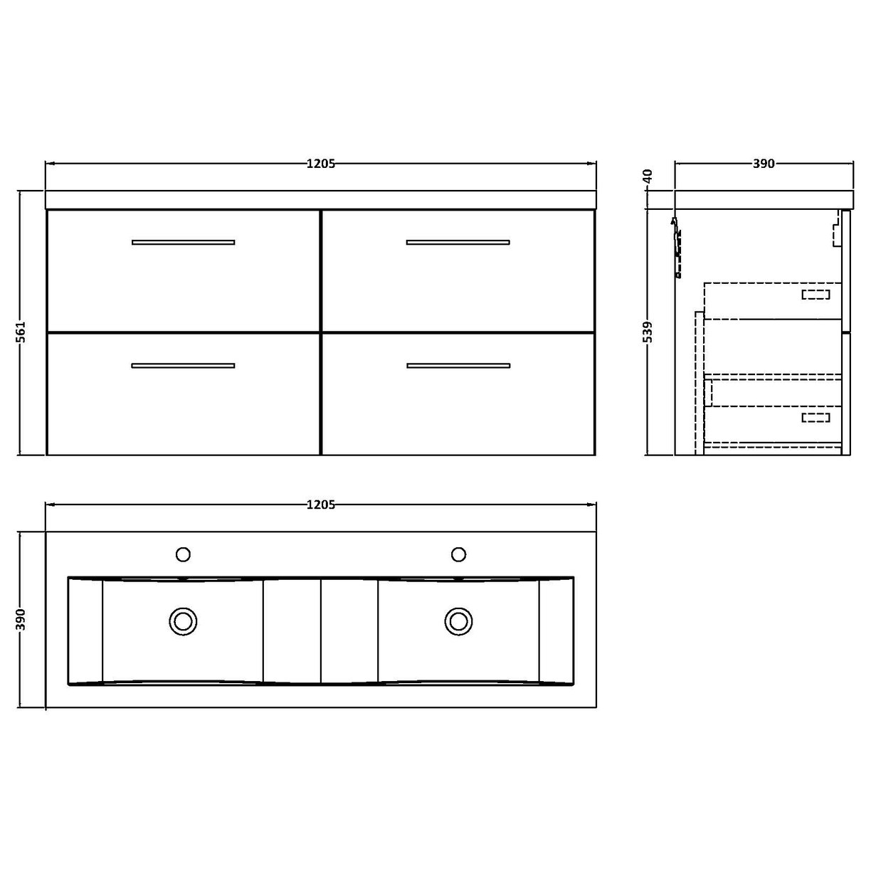 1200 WH 4-Drawer Vanity & Double Basin