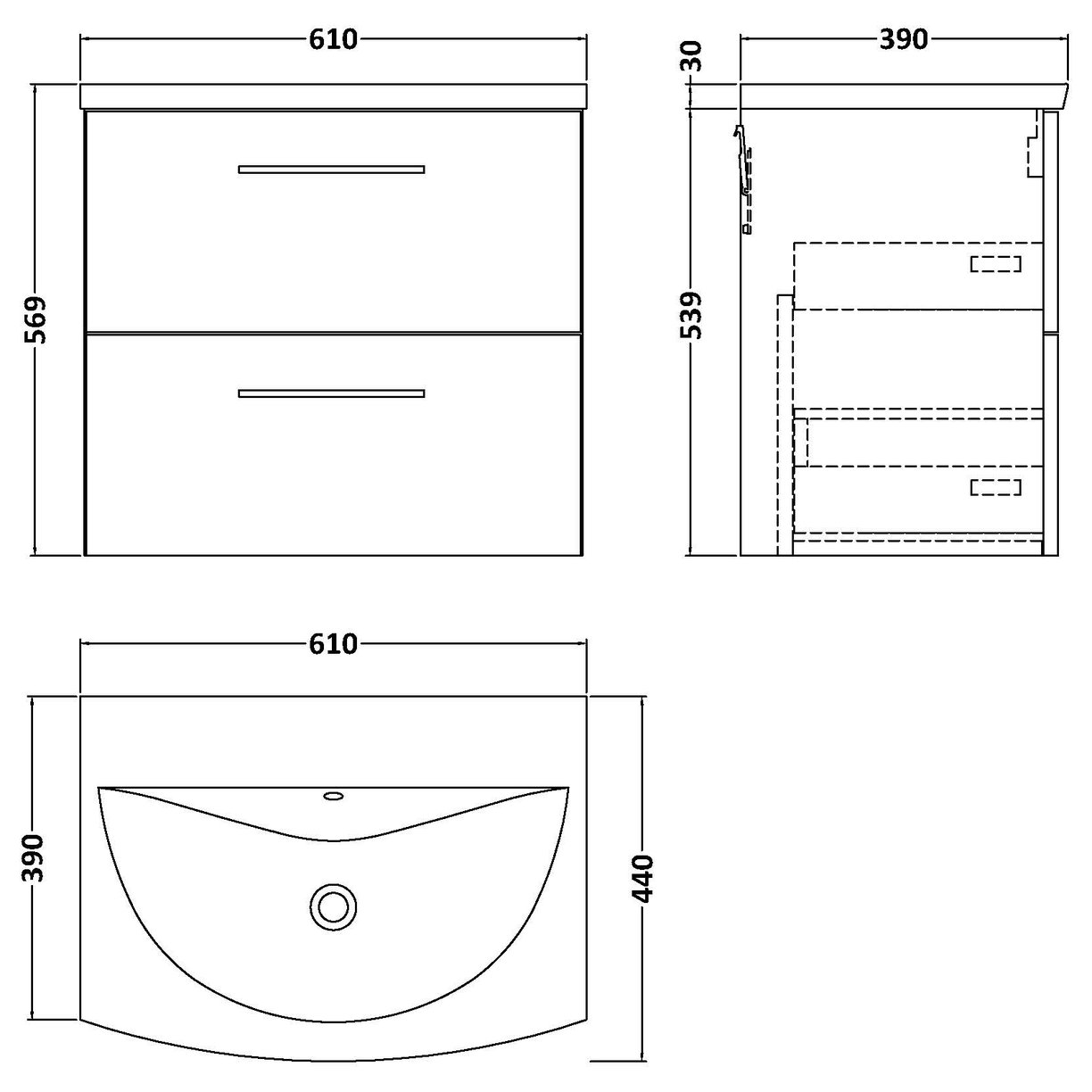 600 WH 2-Drawer Vanity & Basin 4