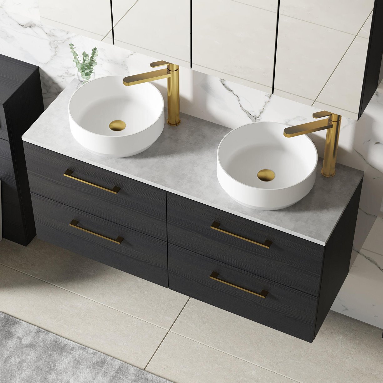 1200mm Wh 4-Drawer Vanity & Laminate Top - Black Woodgrain