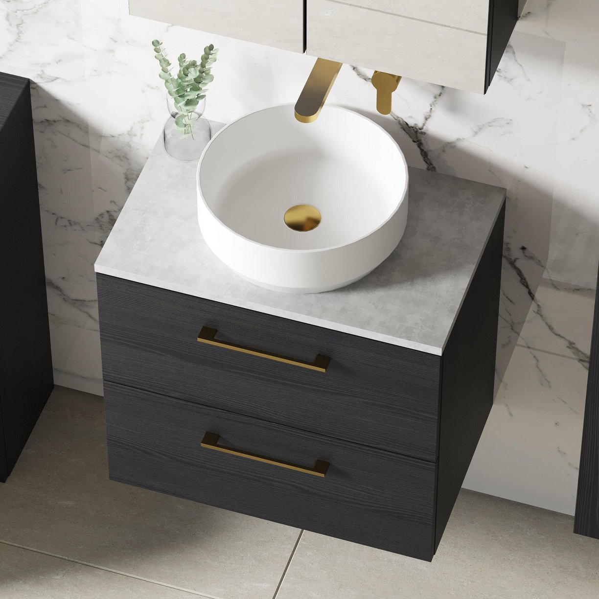 600mm WH 2-Drawer Vanity & Laminate Top - Charcoal Black