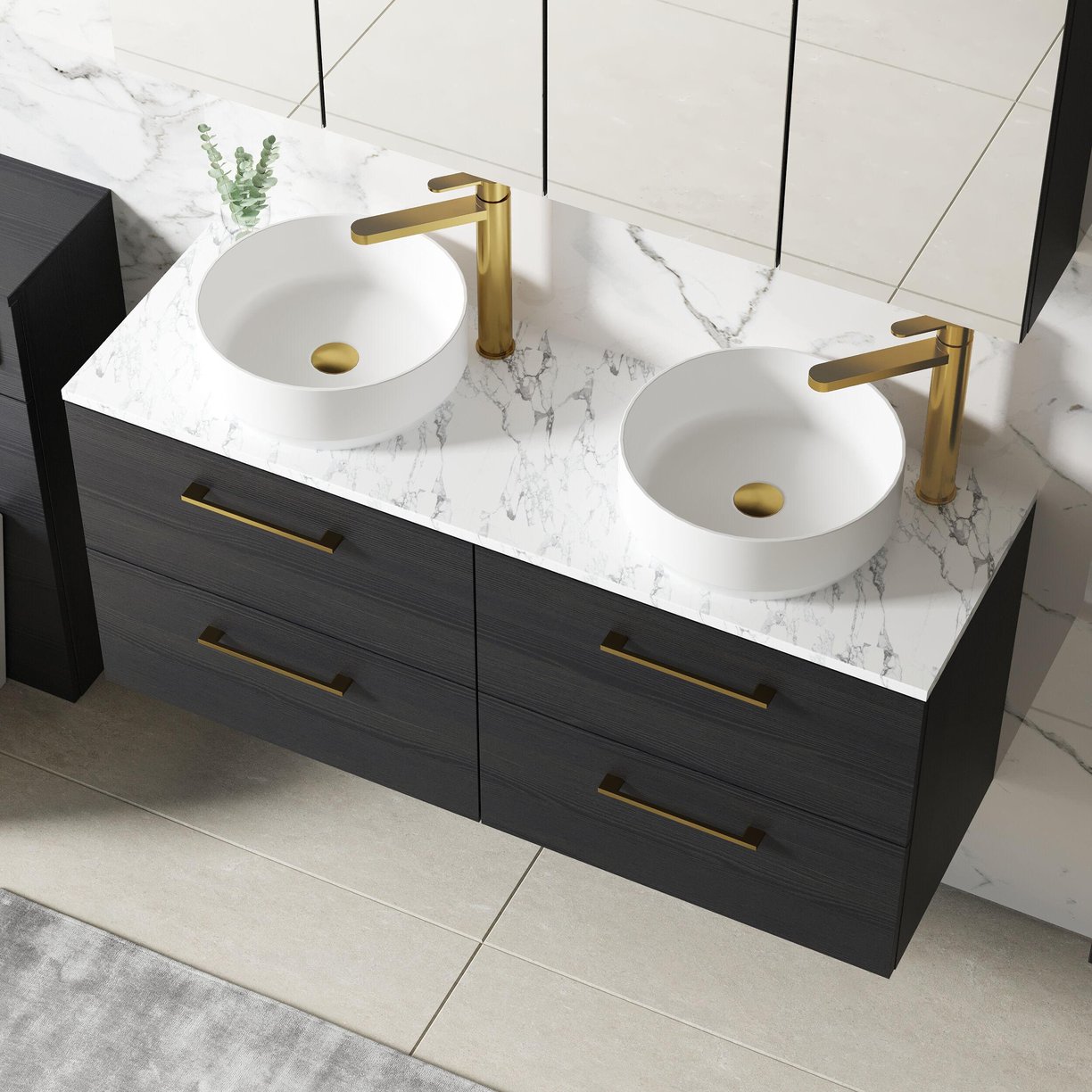 1200mm Wh 4-Drawer Vanity & Laminate Top - Black Woodgrain