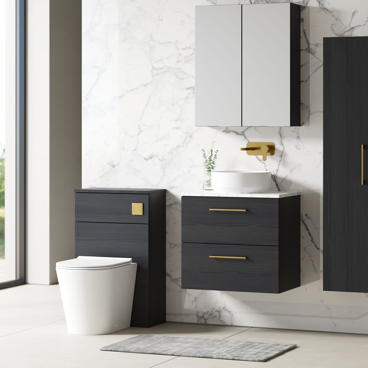 600mm Wh 2-Drawer Vanity & Laminate Top - Black Woodgrain