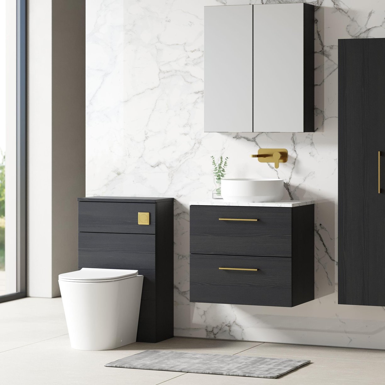 600mm Wh 2-Drawer Vanity & Laminate Top - Black Woodgrain