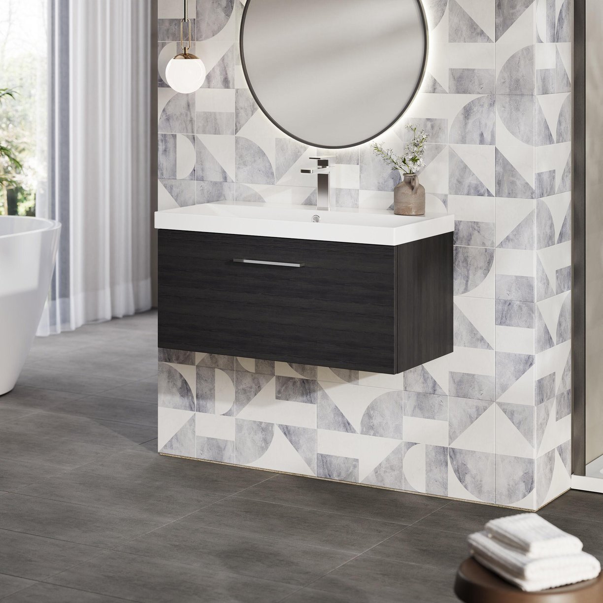 800mm WH 1-Drawer Vanity & Basin 3 - Charcoal Black