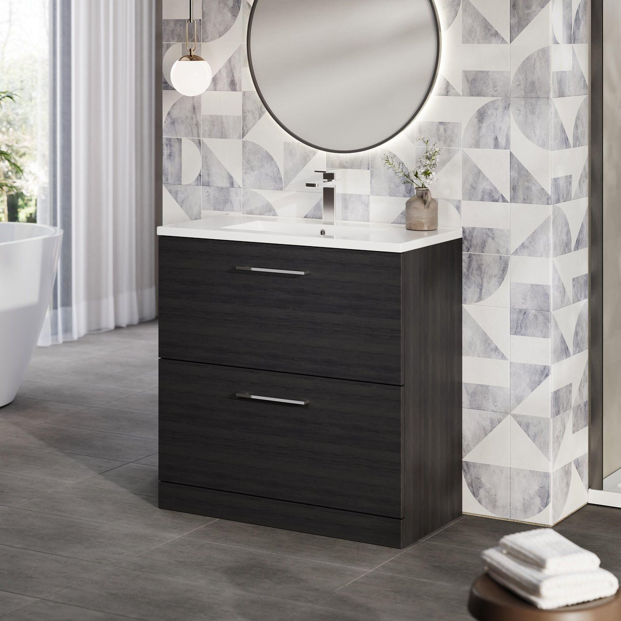 800mm FS 2-Drawer Vanity & Basin 2 - Charcoal Black
