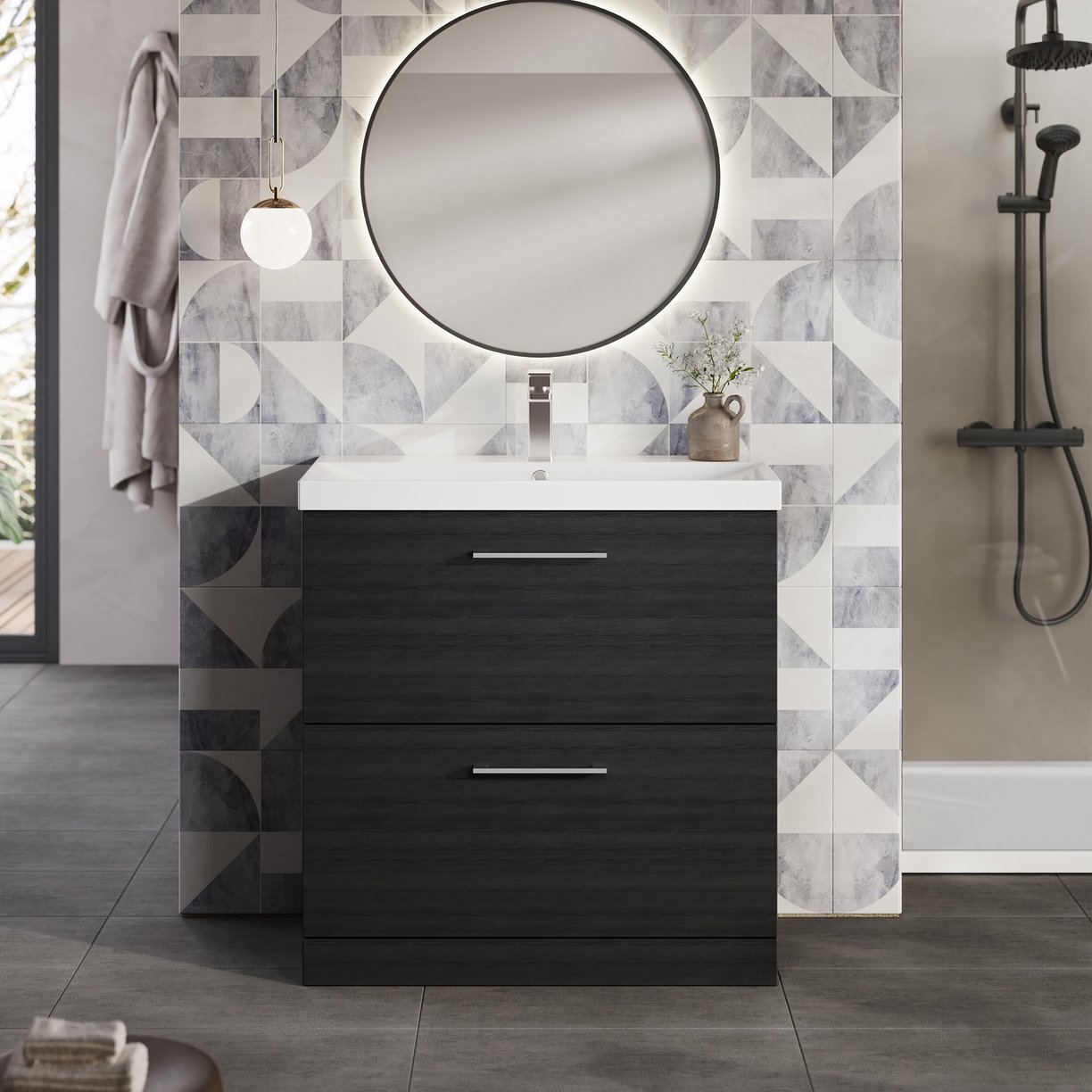 800mm FS 2-Drawer Vanity & Basin 3 - Charcoal Black