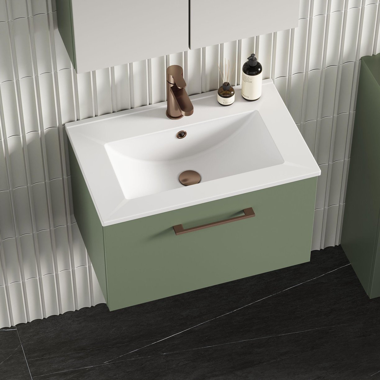 600mm WH 1-Drawer Vanity & Basin 2 - Satin Green
