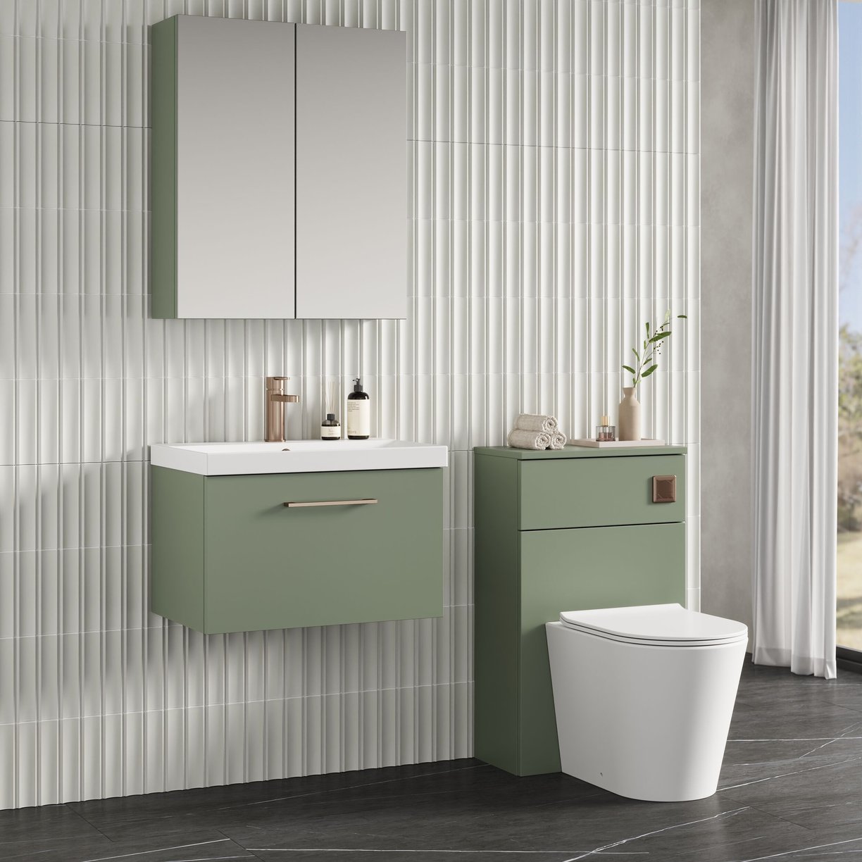 600mm WH 1-Drawer Vanity & Basin 3 - Satin Green