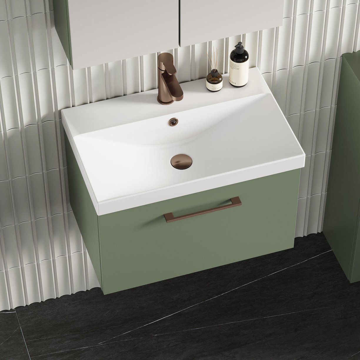 600mm WH 1-Drawer Vanity & Basin 3 - Satin Green