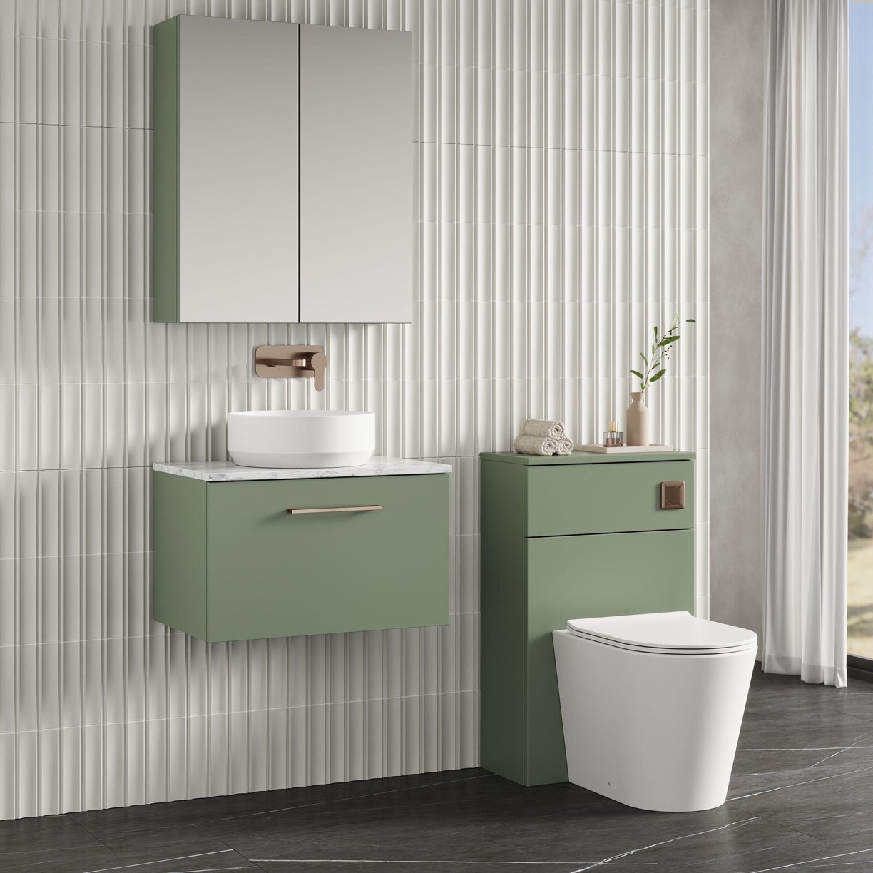 600mm Wh 1-Drawer Vanity & Laminate Top - Satin Green