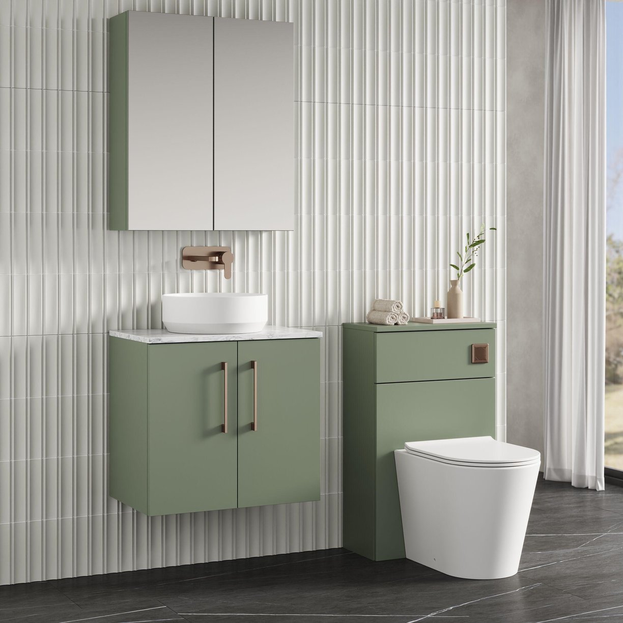600mm Wh 2-Door Vanity & Laminate Top - Satin Green