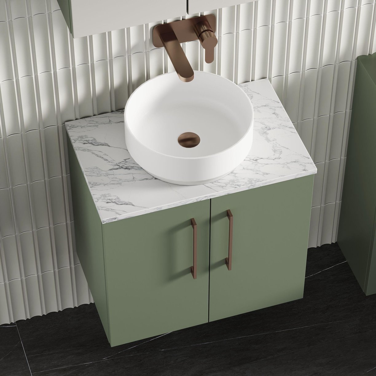 600mm Wh 2-Door Vanity & Laminate Top - Satin Green