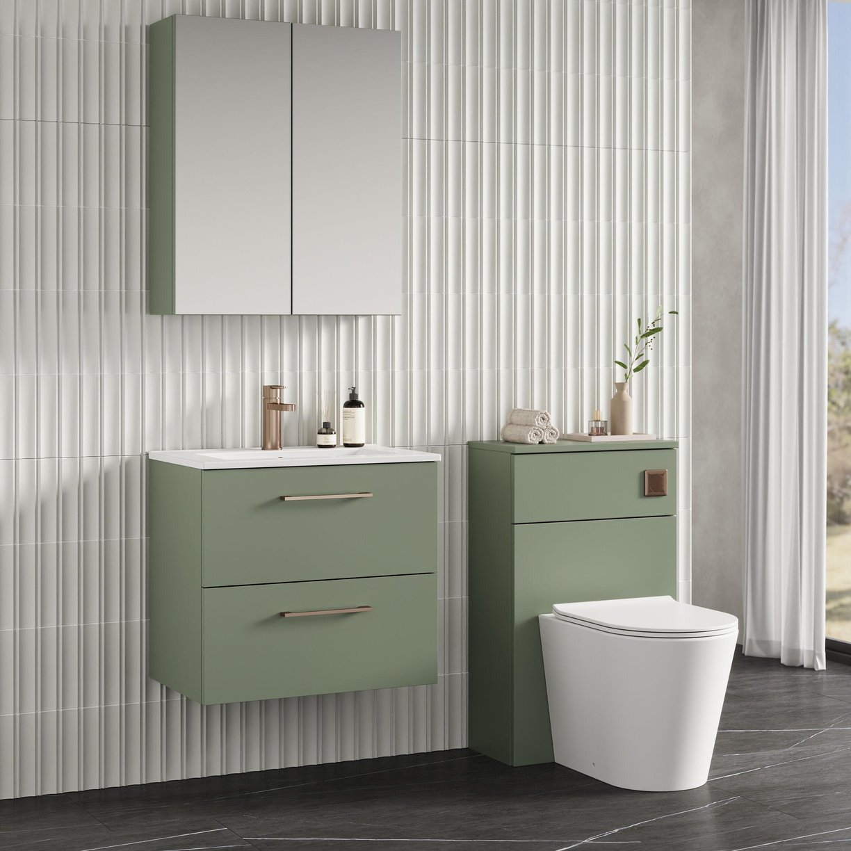 600mm WH 2-Drawer Vanity & Basin 2 - Satin Green