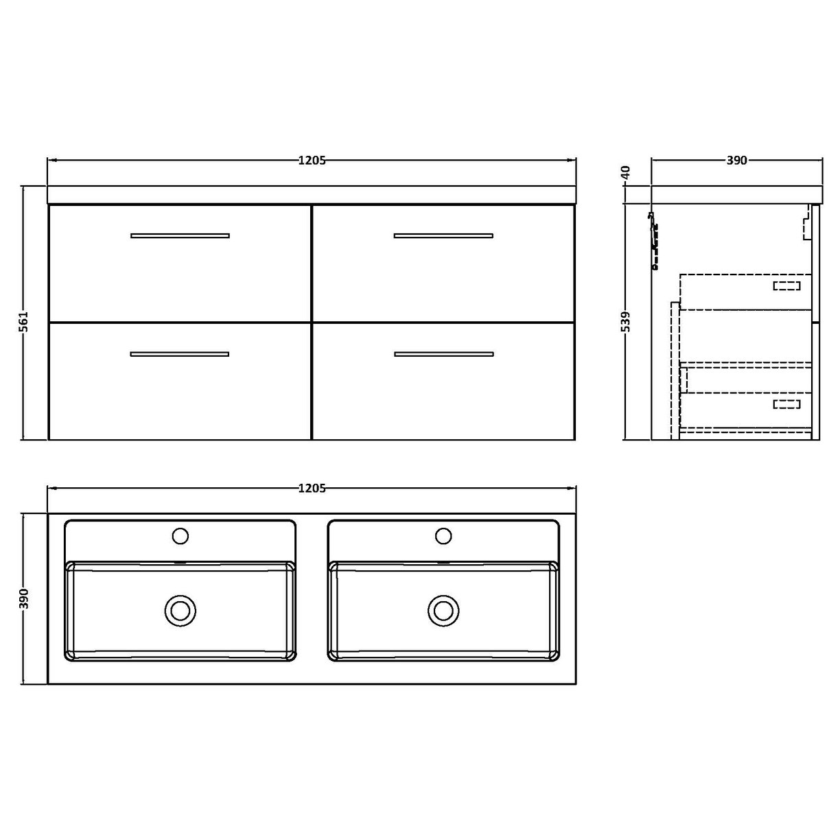 1200 WH 4-Drawer Vanity & Double Basin