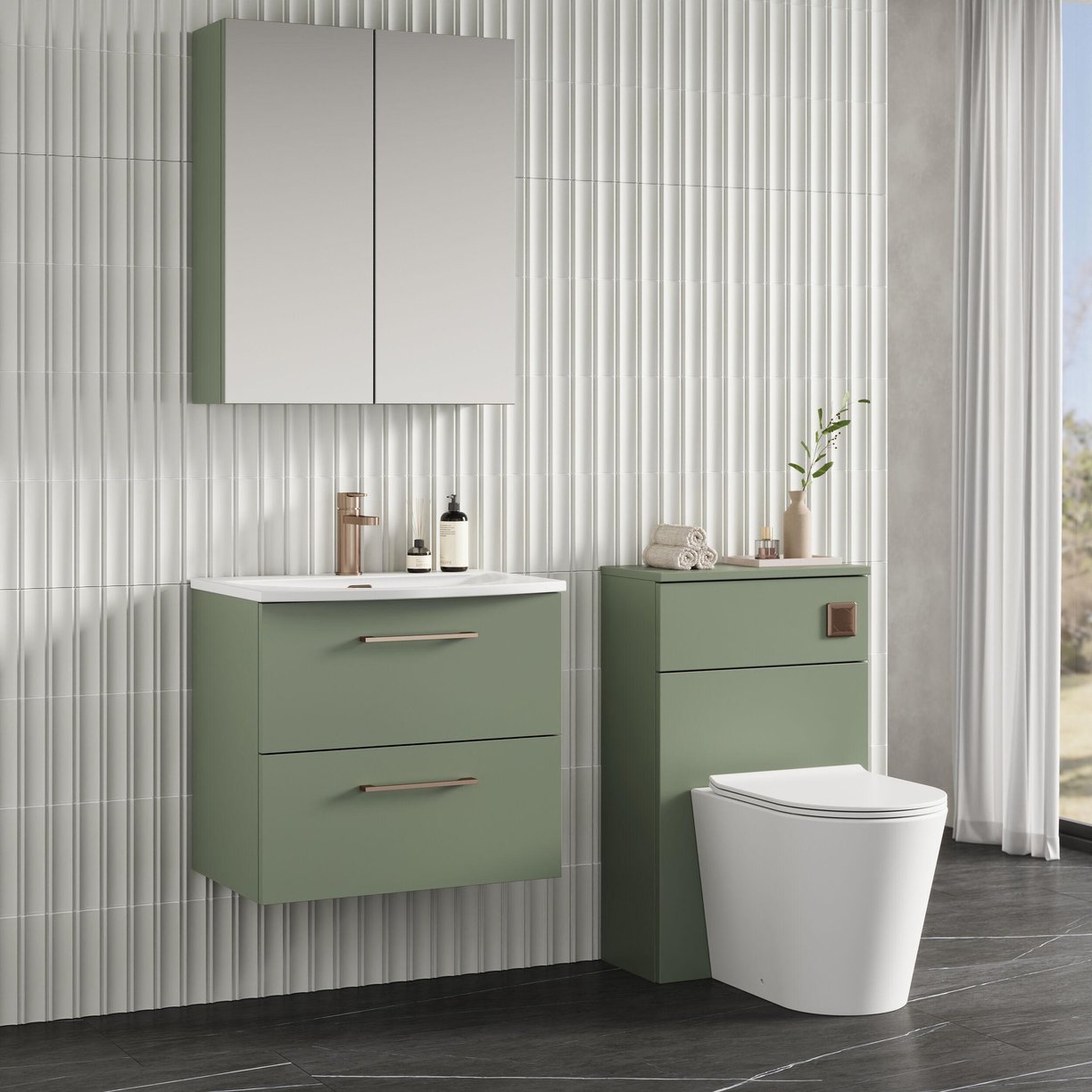 600mm WH 2-Drawer Vanity & Basin 4 - Satin Green