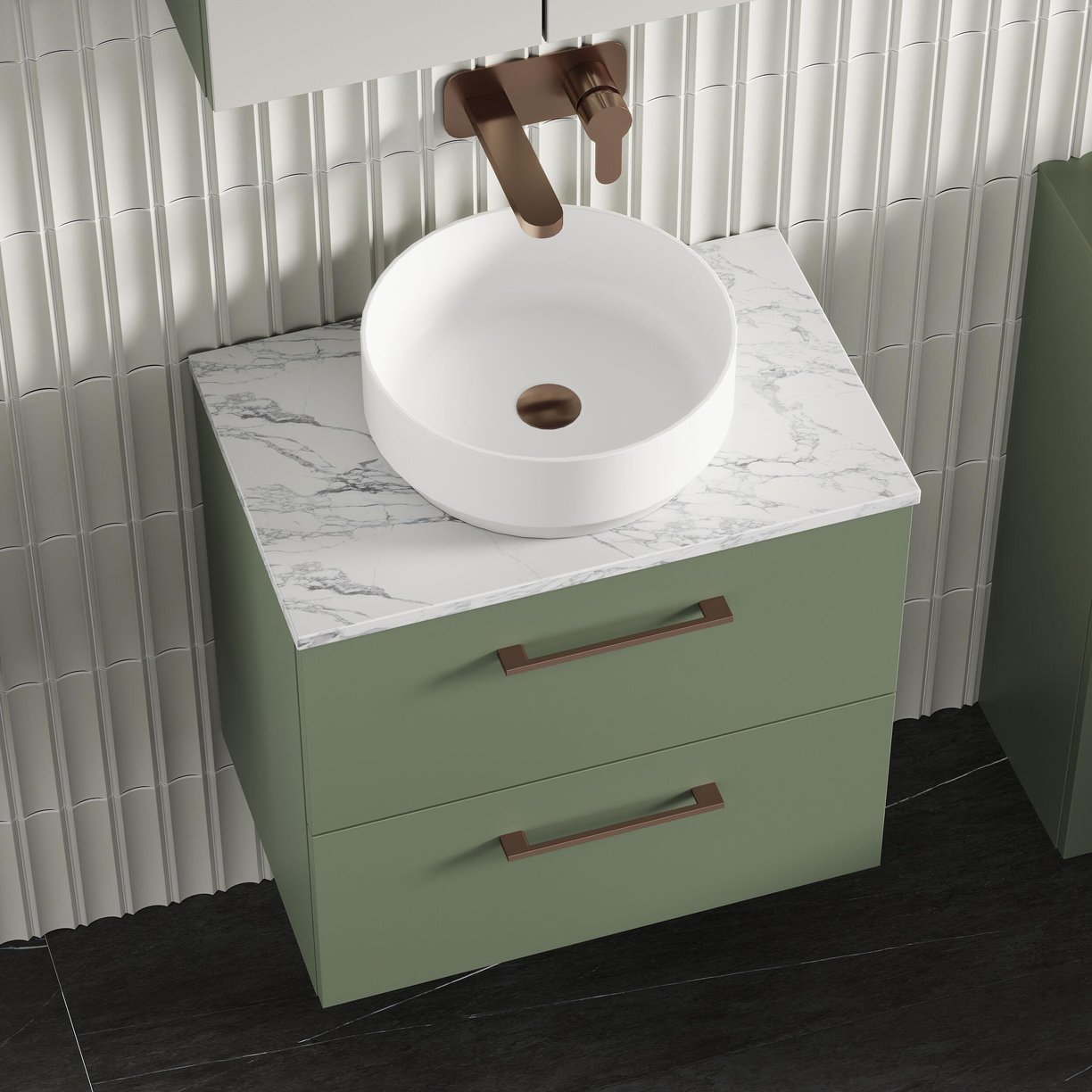 600mm Wh 2-Drawer Vanity & Laminate Top - Satin Green