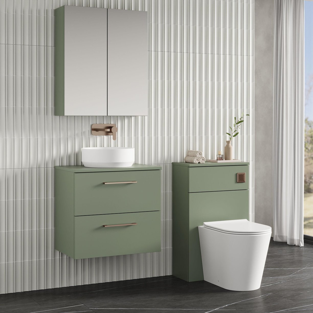 600mm WH 2-Drawer Vanity & Worktop - Satin Green