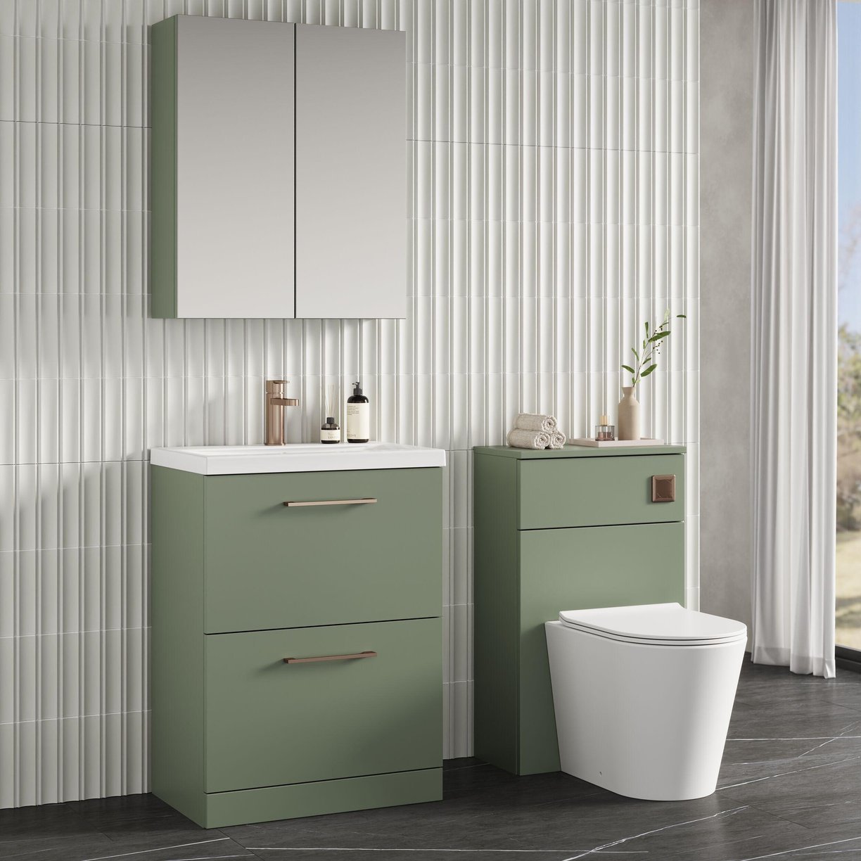 600mm FS 2-Drawer Vanity & Basin 1 - Satin Green