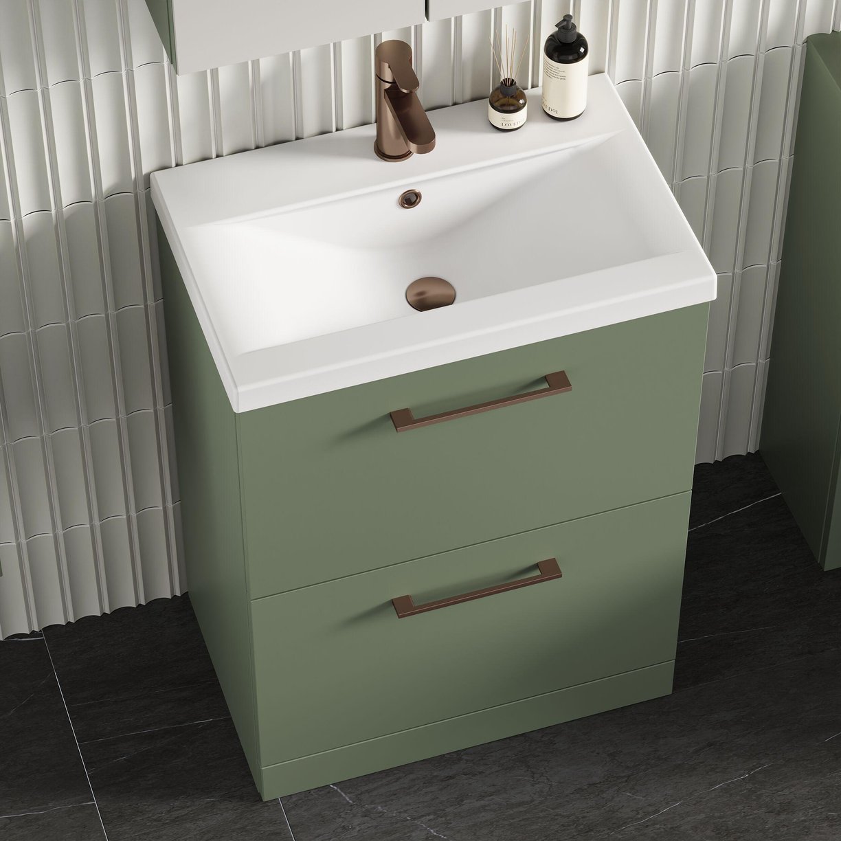 600mm FS 2-Drawer Vanity & Basin 1 - Satin Green