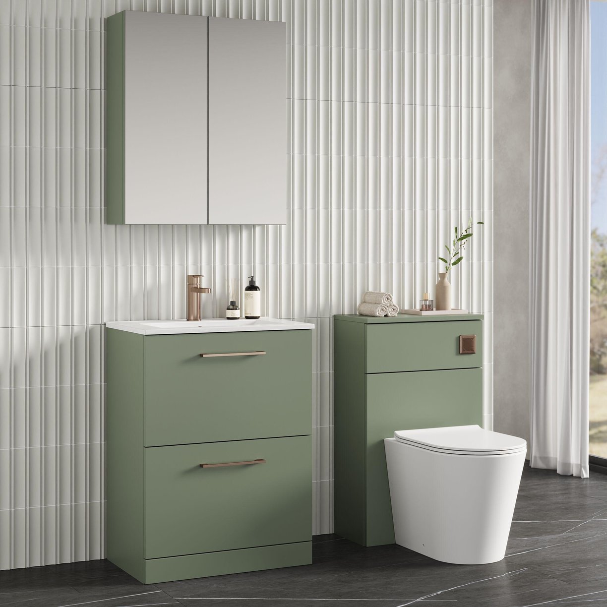 600mm FS 2-Drawer Vanity & Basin 2 - Satin Green