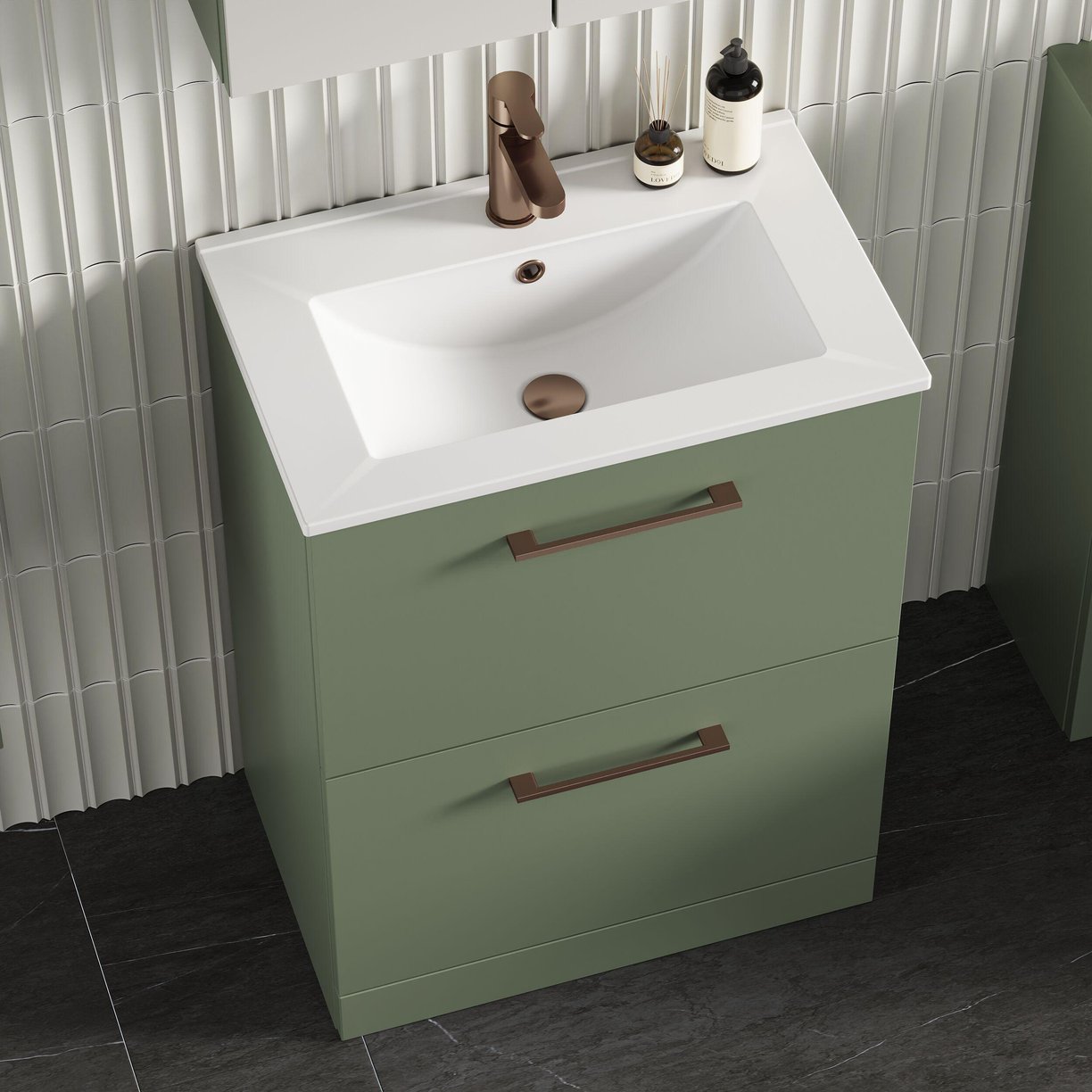 600mm FS 2-Drawer Vanity & Basin 2 - Satin Green