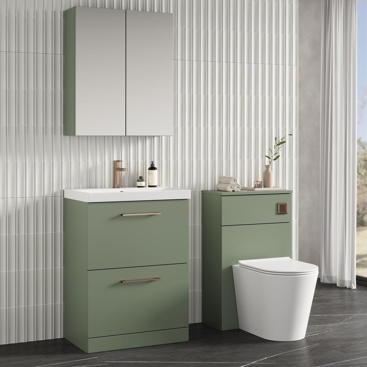 600mm FS 2-Drawer Vanity & Basin 3 - Satin Green