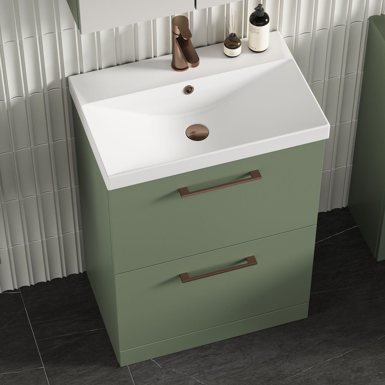 600mm FS 2-Drawer Vanity & Basin 3 - Satin Green
