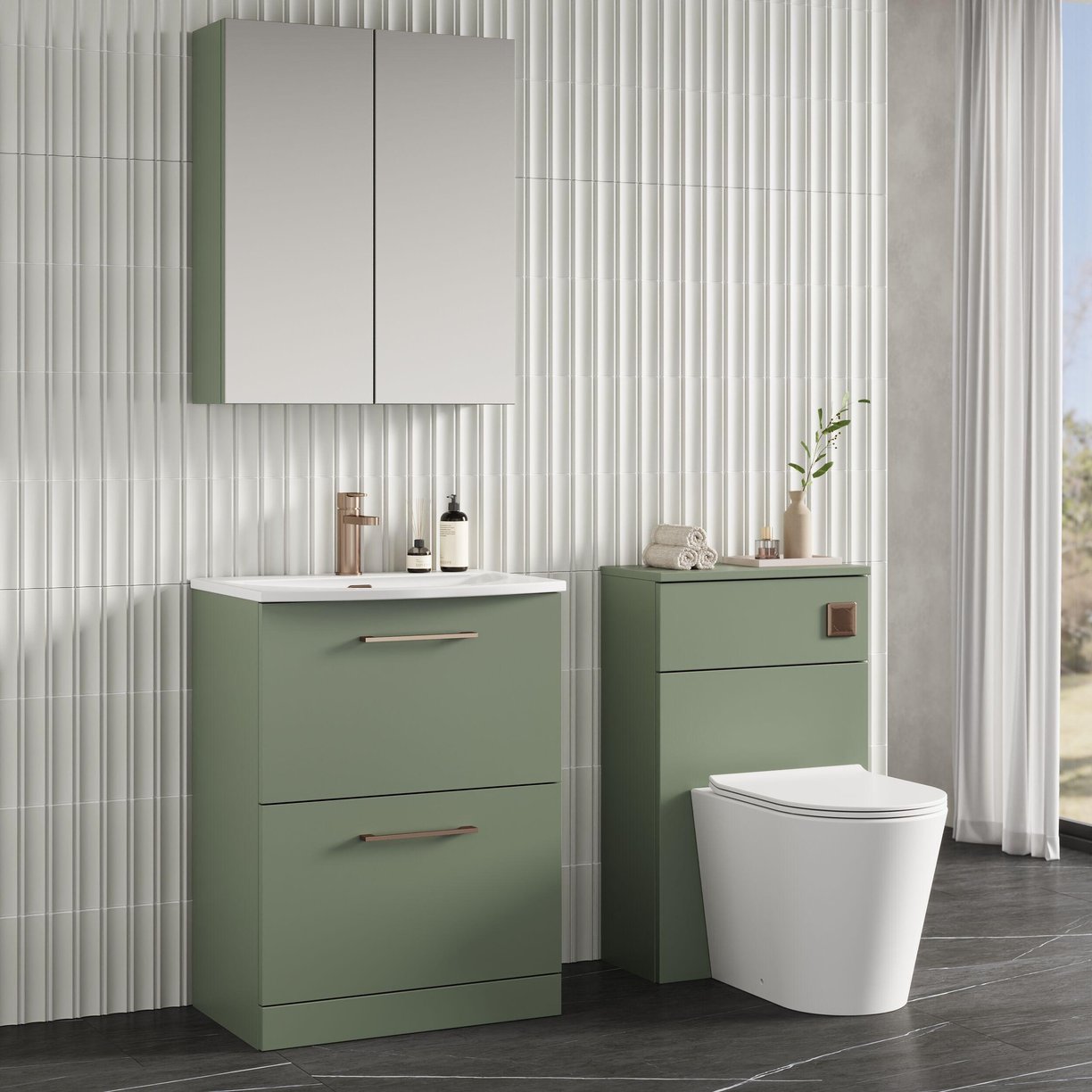 600mm FS 2-Drawer Vanity & Basin 4 - Satin Green