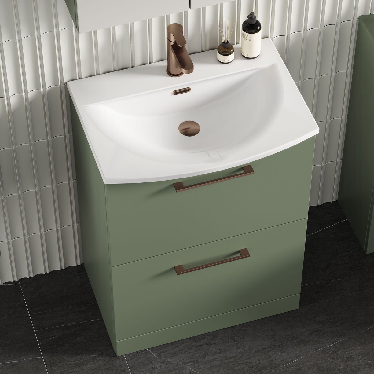 600mm FS 2-Drawer Vanity & Basin 4 - Satin Green