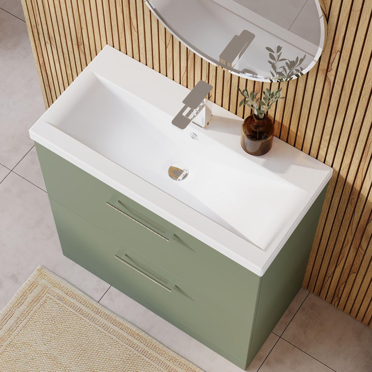 800mm FS 2-Drawer Vanity & Basin 1 - Satin Green
