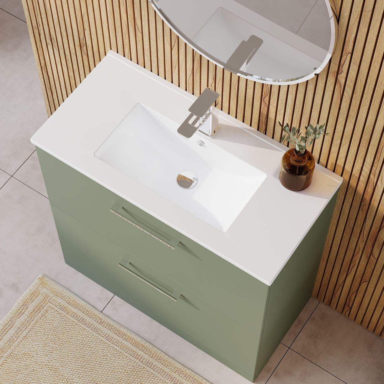 800mm FS 2-Drawer Vanity & Basin 2 - Satin Green