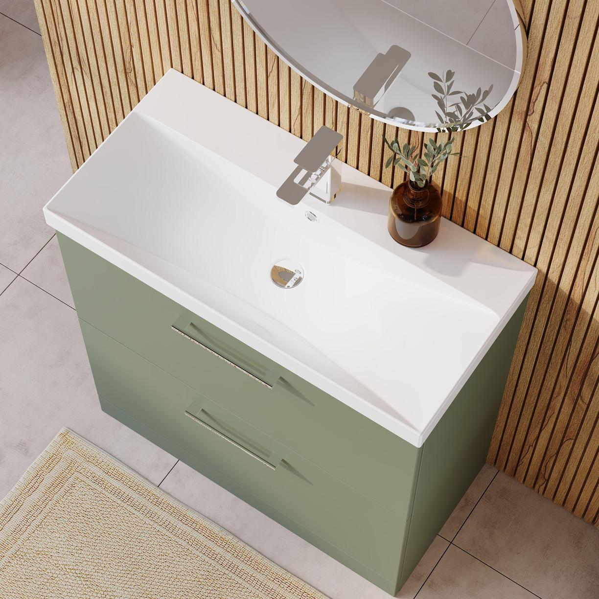 800mm FS 2-Drawer Vanity & Basin 3 - Satin Green