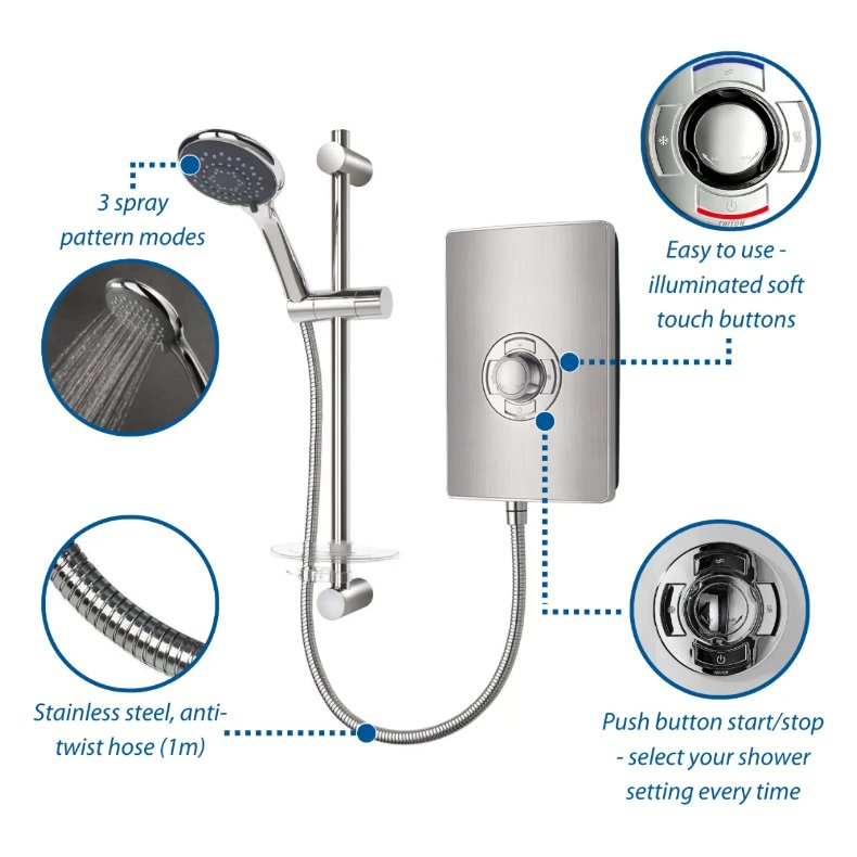 MOQ Aspirante Electric Shower - Brushed Steel 9.5kw