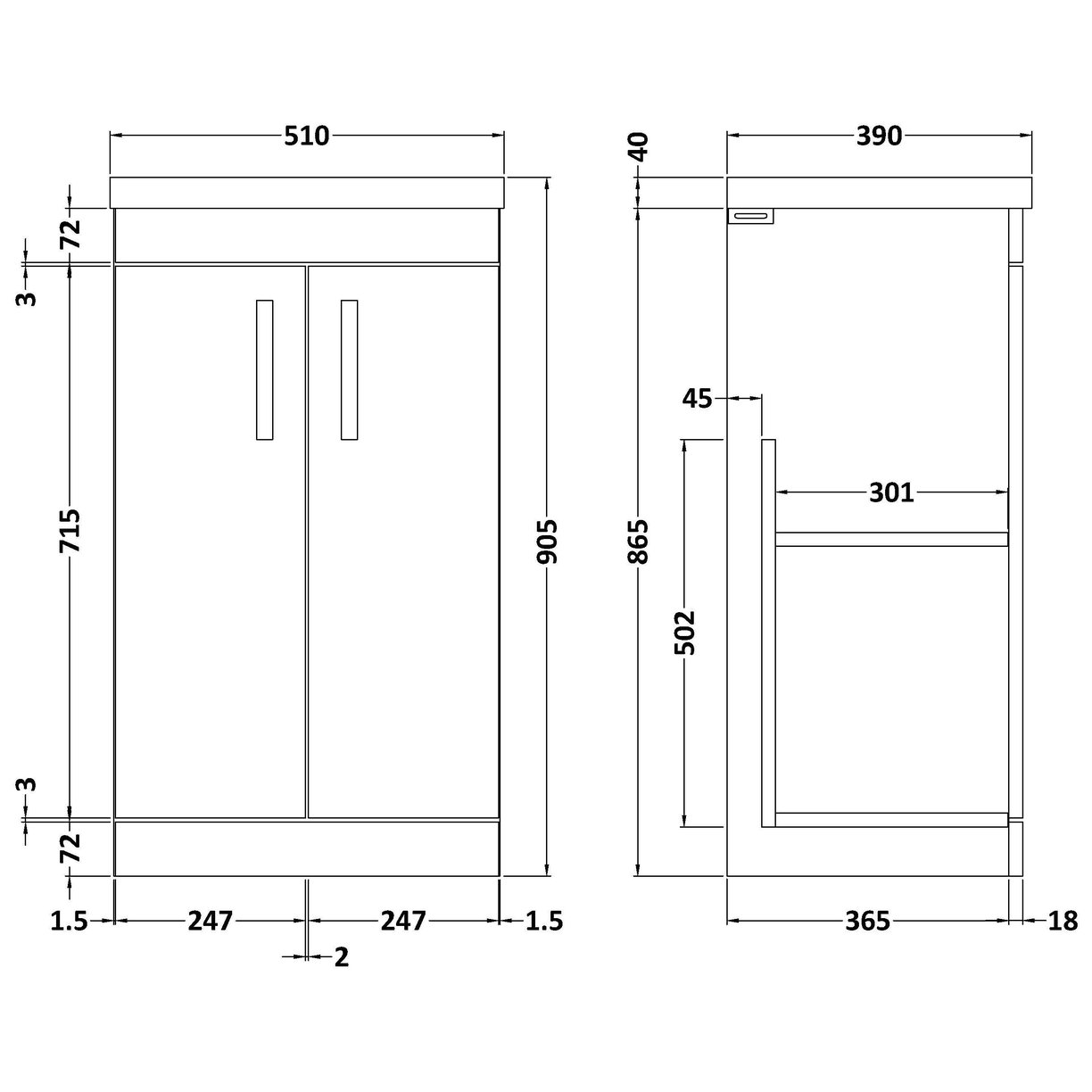 500mm FS 2-Door Vanity & Basin 1 - Gloss White