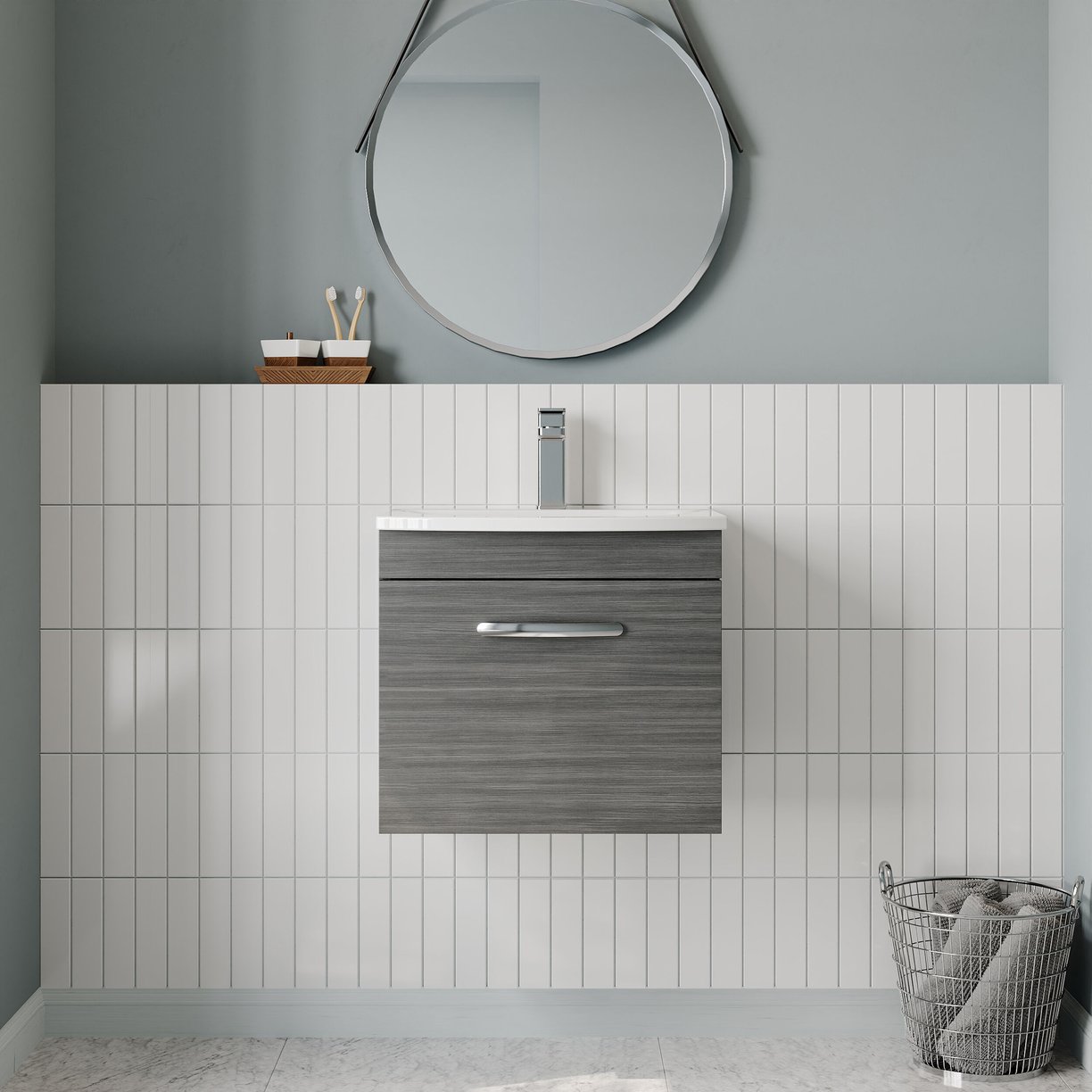500mm WH Single Drawer Vanity & Basin 4 - Anthracite Woodgrain