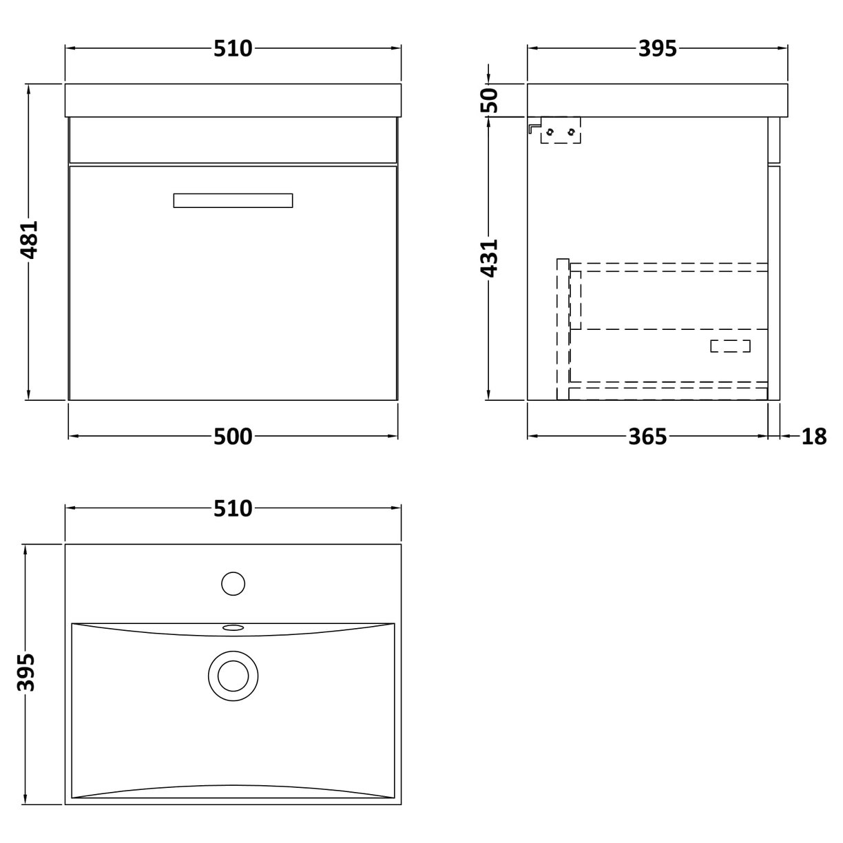 500mm WH Single Drawer Vanity & Basin 3 - Charcoal Black