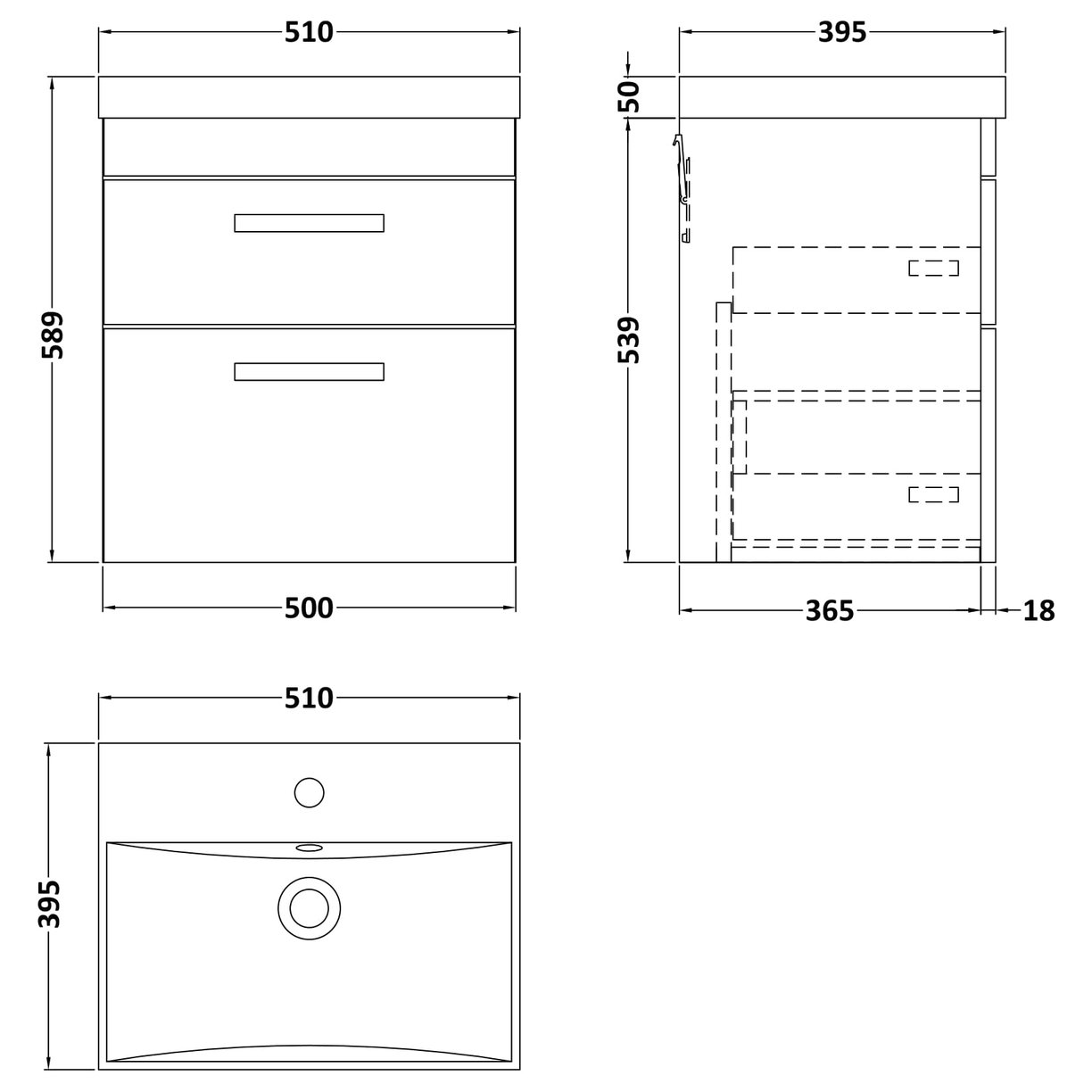 500mm WH 2-Drawer Vanity & Basin 3 - Anthracite Woodgrain