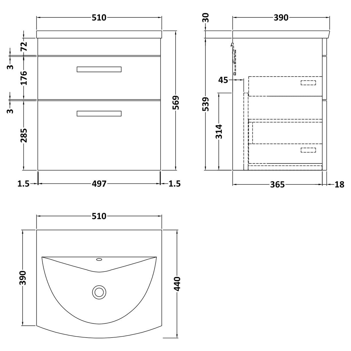 500 WH 2-Drawer Vanity & Basin 4