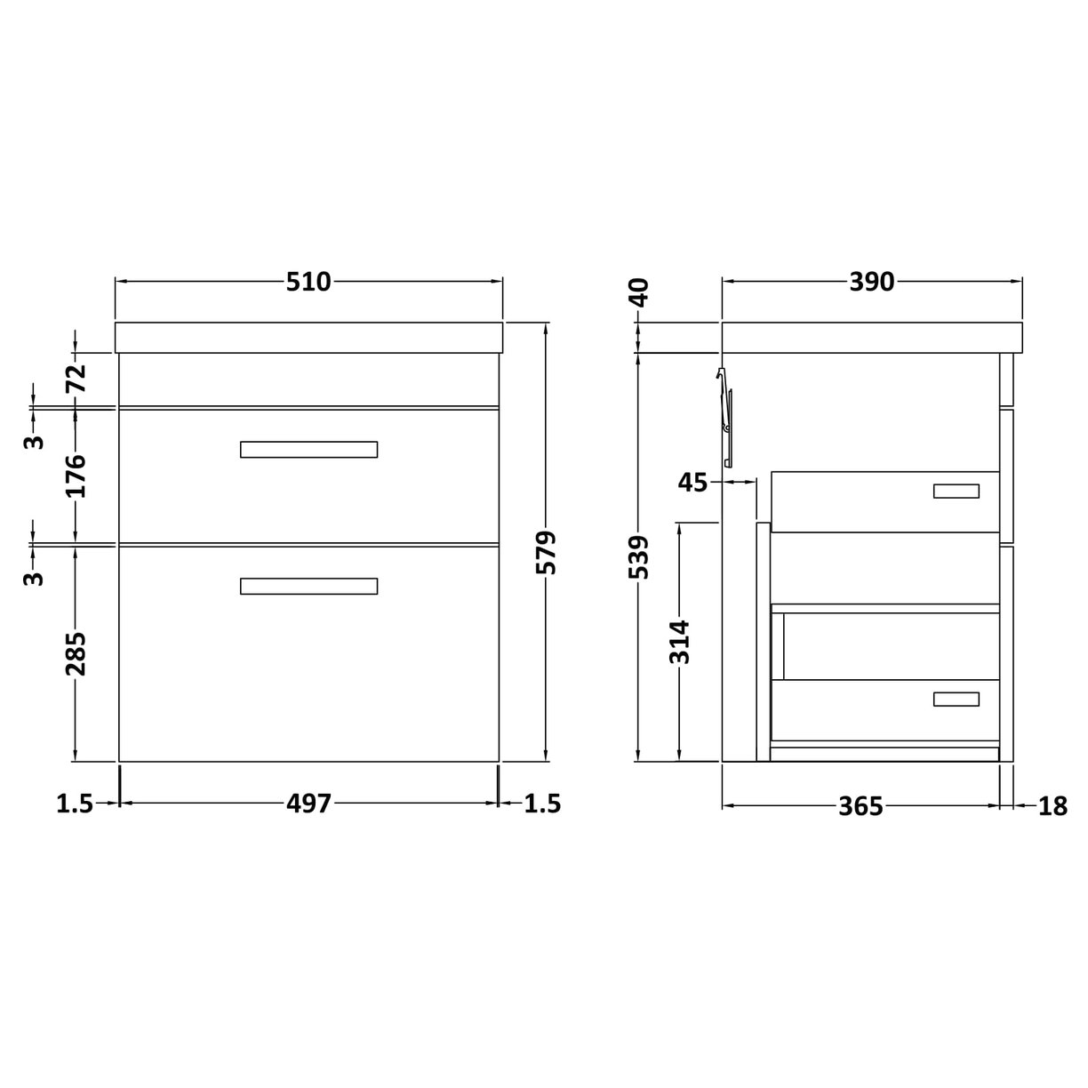 500mm WH 2-Drawer Vanity & Basin 1 - Charcoal Black