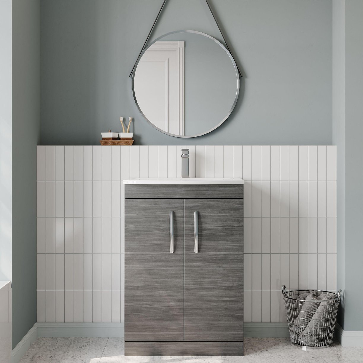 600mm FS 2-Door Vanity & Basin 4 - Anthracite Woodgrain